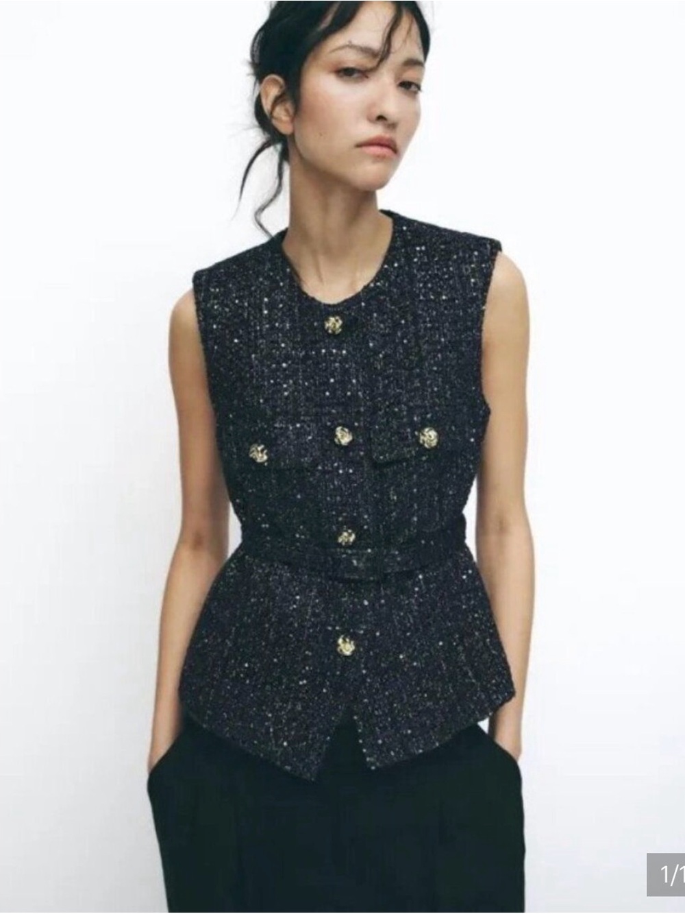 Zara Structured Belted Tweed Vest Metallic Gold Buttons NWT